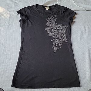 Roxy Black Gray Cap Sleeve Skinny Tee Small EUC